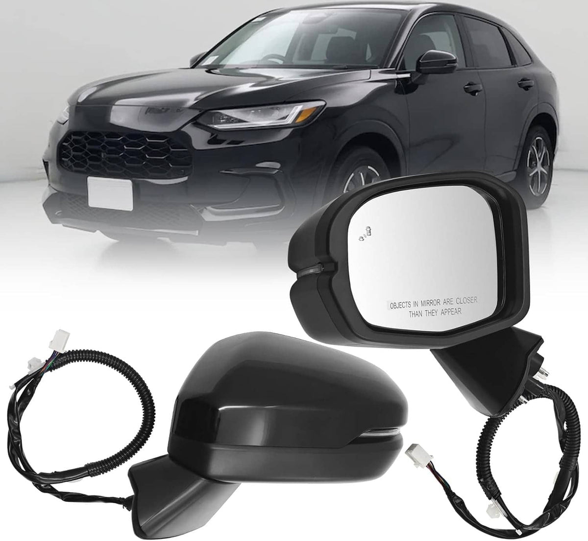 Vehicle side mirror replacement with clear lens, dark housing, and attached wiring harness
