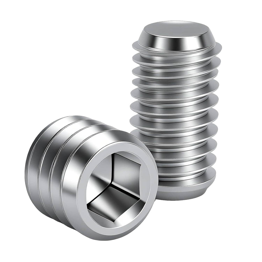 Stacked stainless steel hex socket set screws with threaded tips