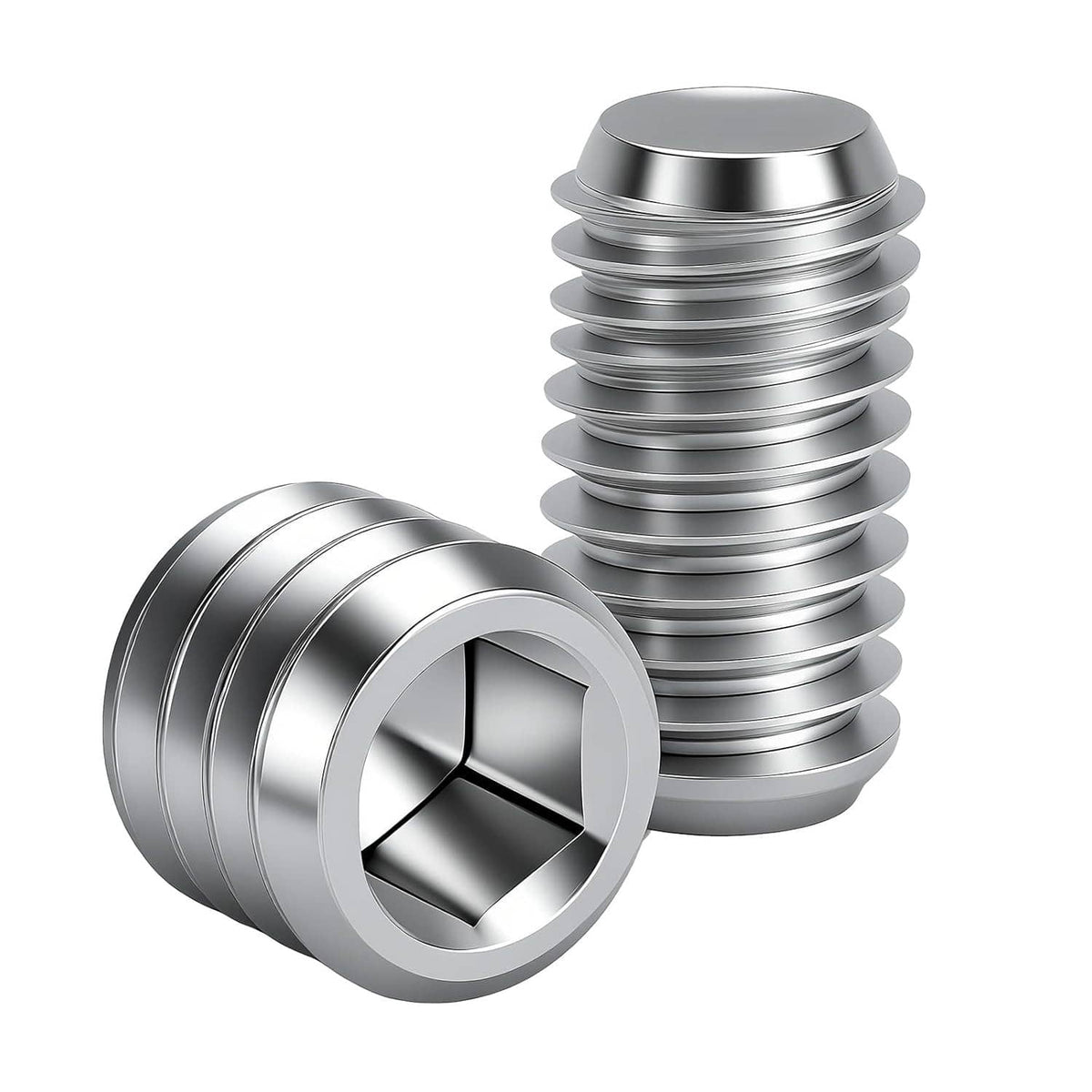 Stacked stainless steel hex socket set screws with threaded tips