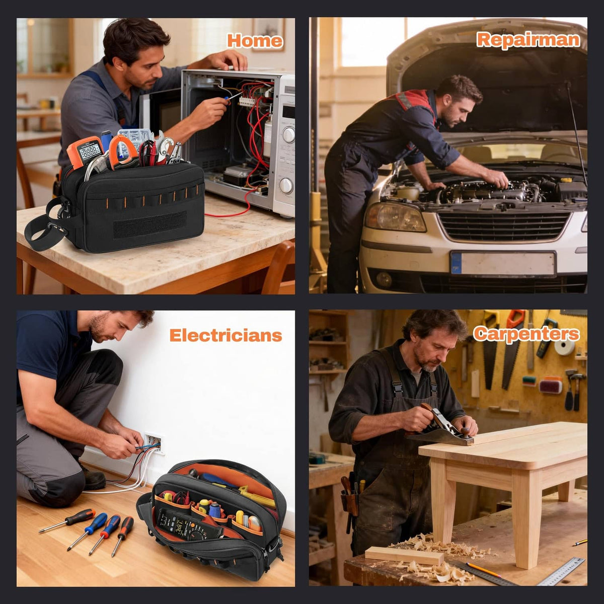 Black tool bag on workbench with front organizer slots and zippered pouch