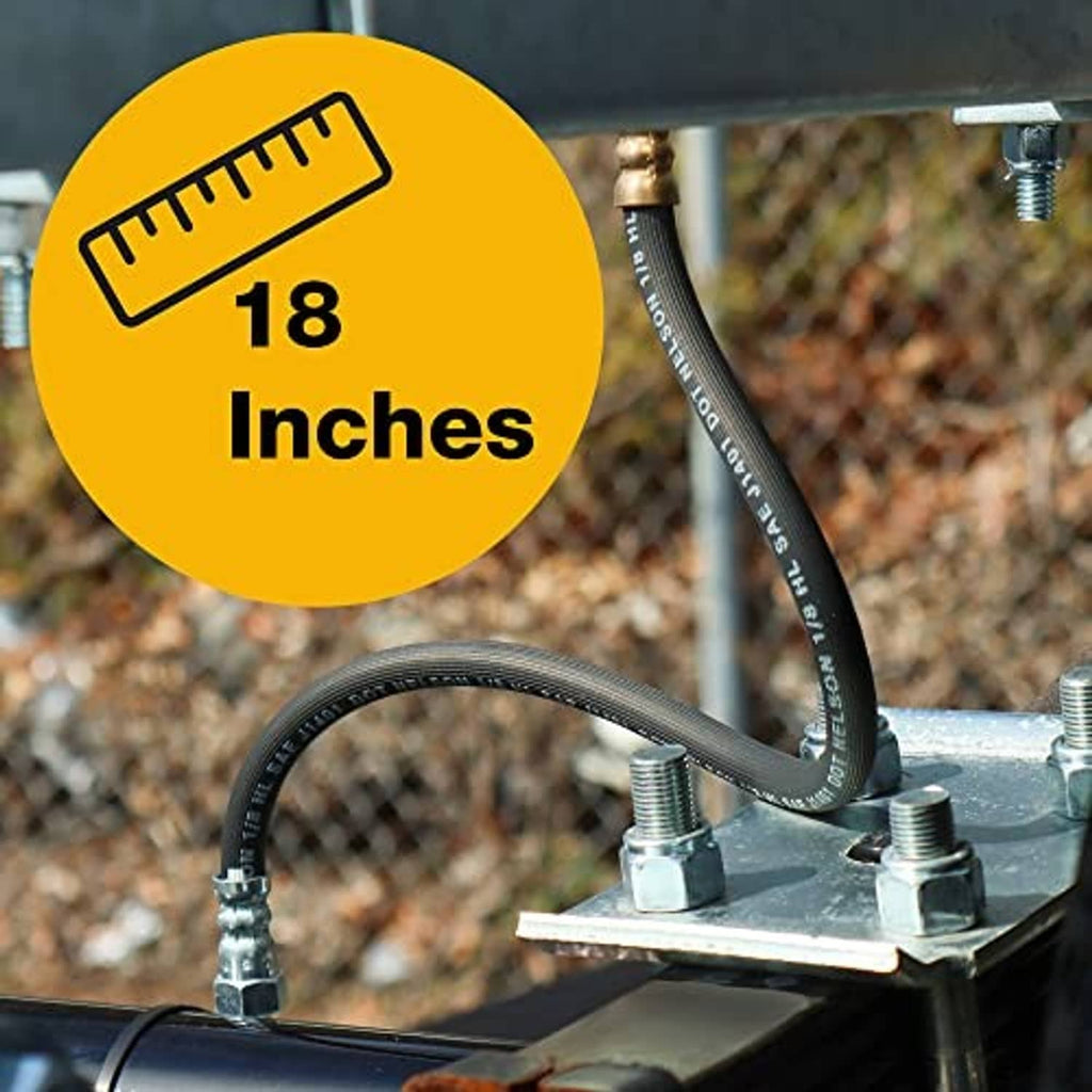 Black rubber brake hose with metal connectors and threaded fittings, routed on frame