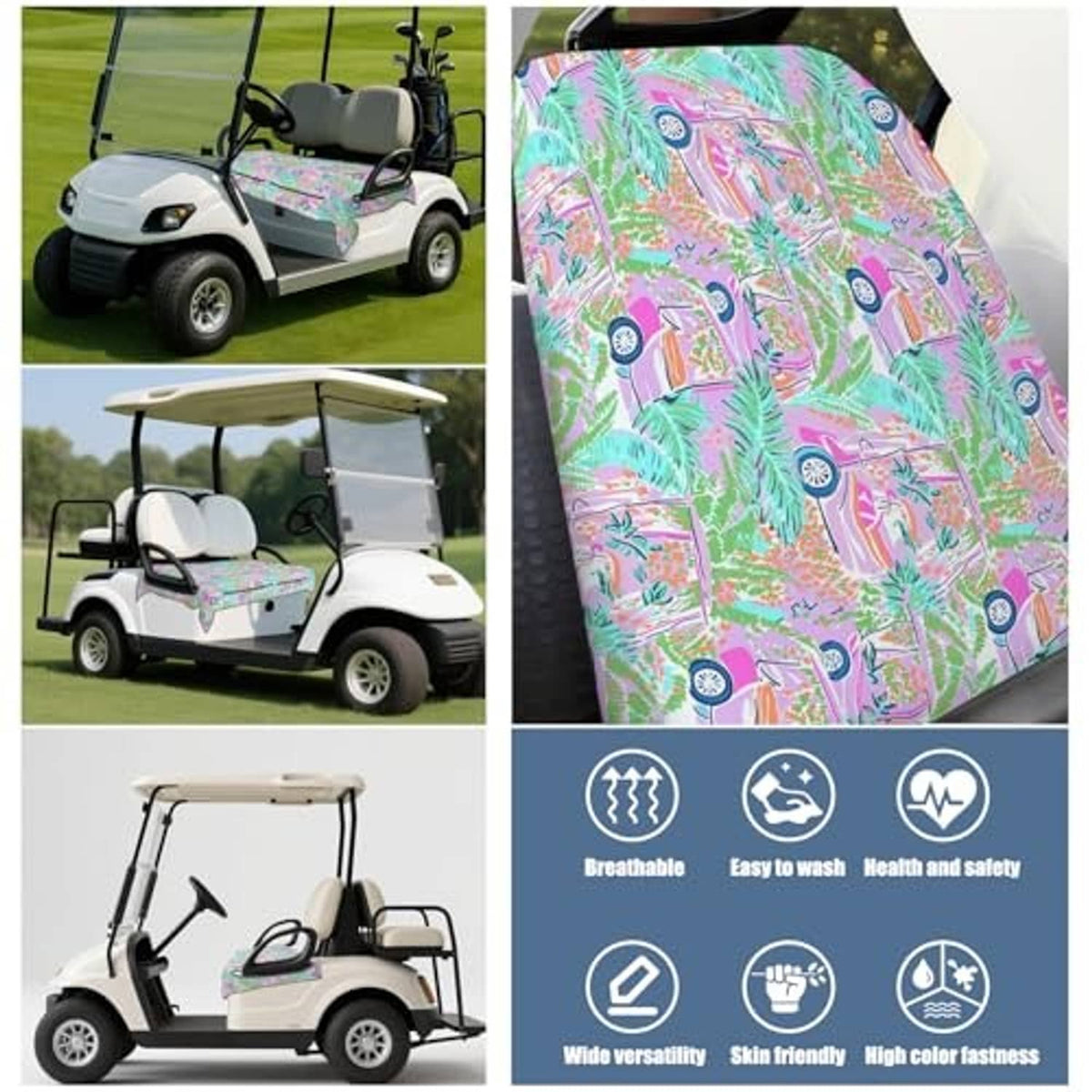 Golf cart seat cover towel blanket set on golf cart seat, colorful car and leaf pattern