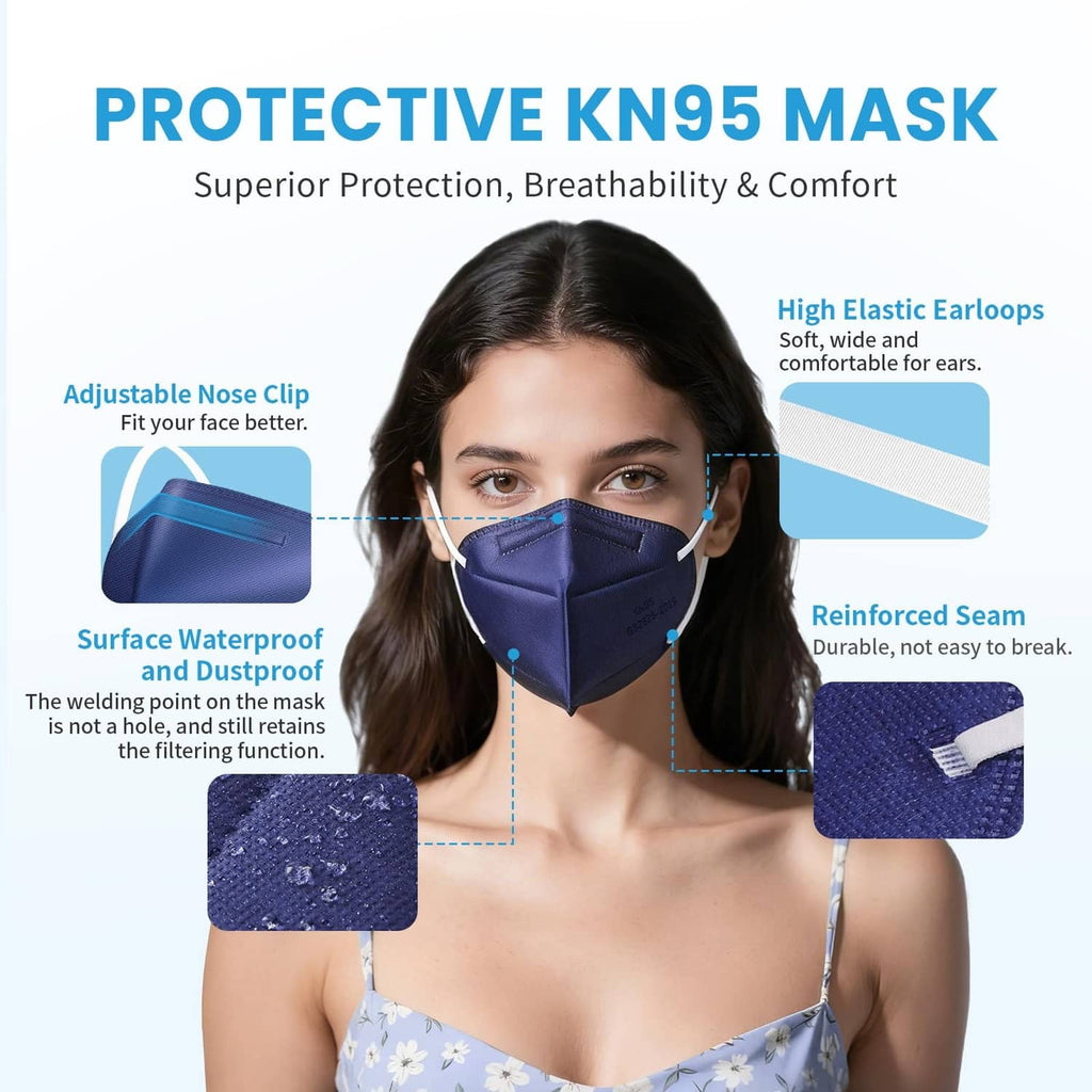 Navy KN95 face mask with adjustable nose clip and reinforced seam