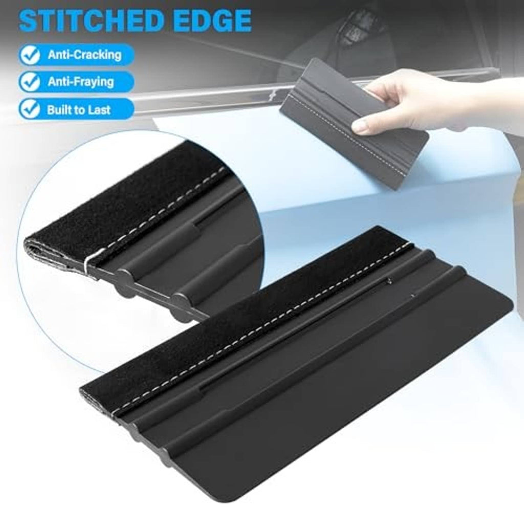 Black stitched-edge felt vinyl squeegee with smooth scraper bar for film smoothing