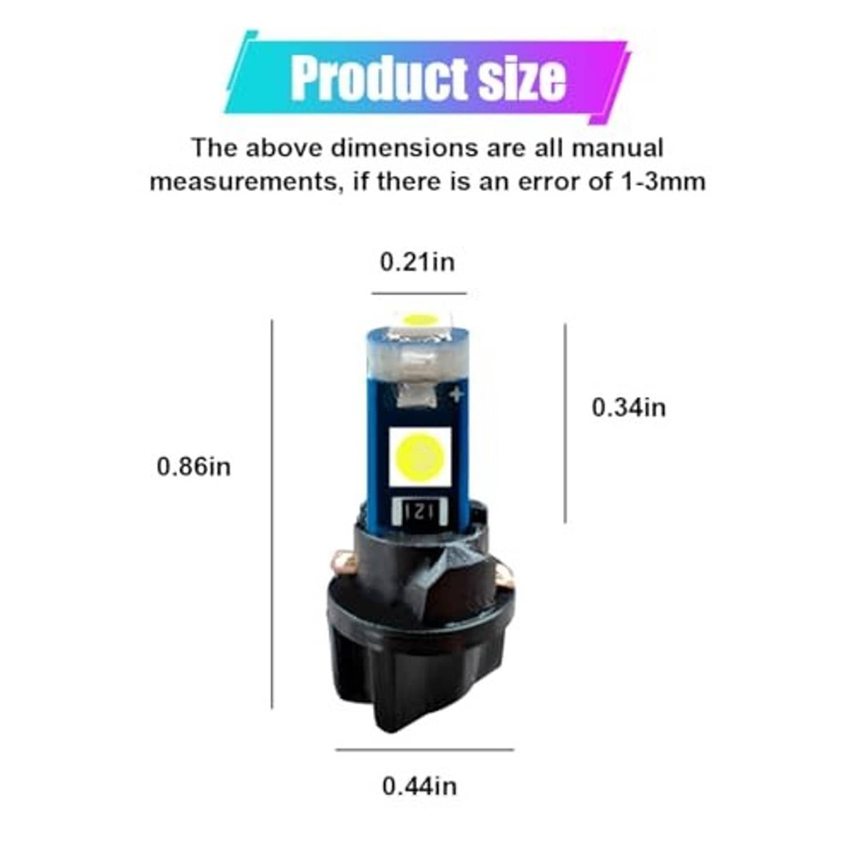 T5 LED bulb with twist-lock base, blue module, yellow LED chip; size diagram