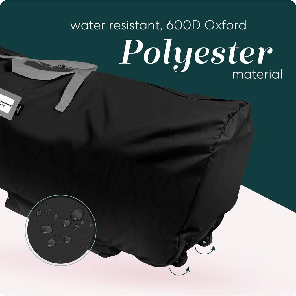 Black wheeled Christmas tree cover with reinforced fabric and caster wheels