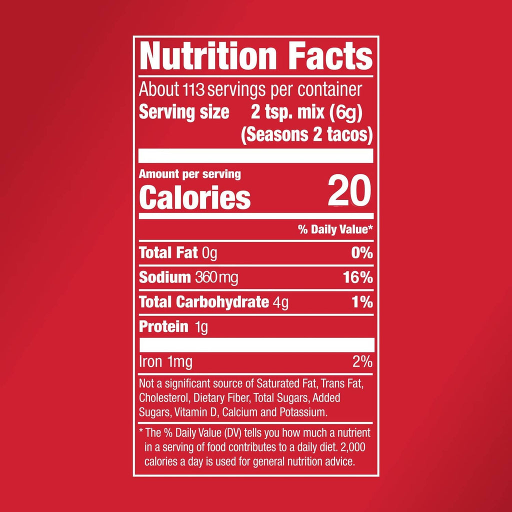 Taco seasoning mix Nutrition Facts label panel with serving size and calories