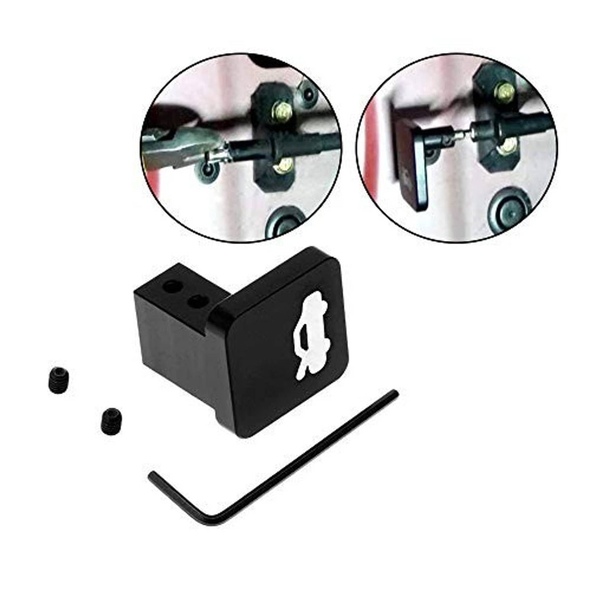 Matte black hood latch release handle with wrench icon, L-key, and screws included