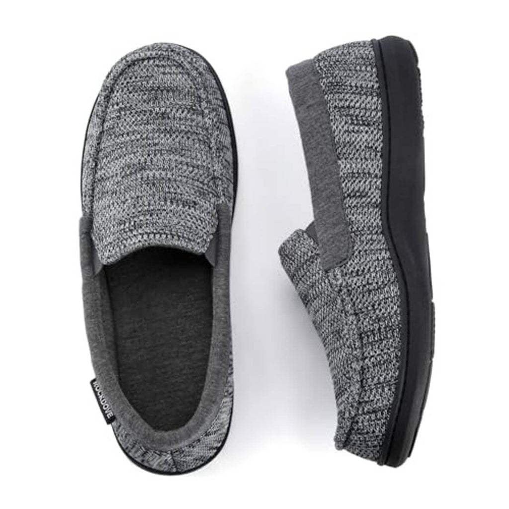 Men's tweed moc slippers, light gray knit upper with cushioned insole and dark outsole