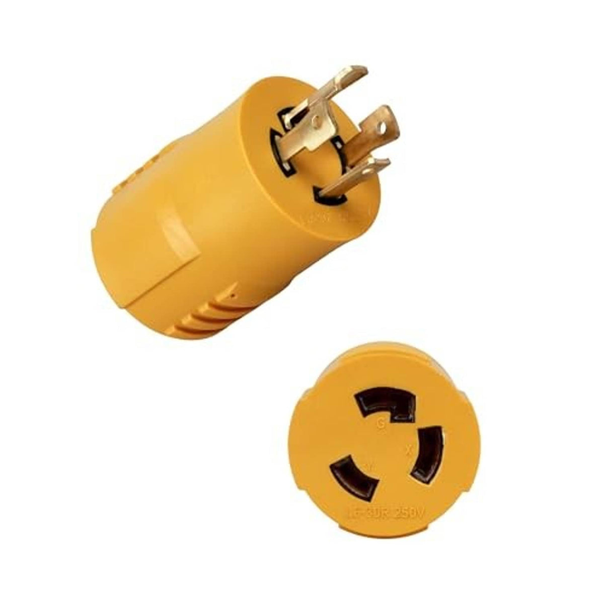 Yellow adapter plug end with 3-prong twist-lock connector face and curved slots
