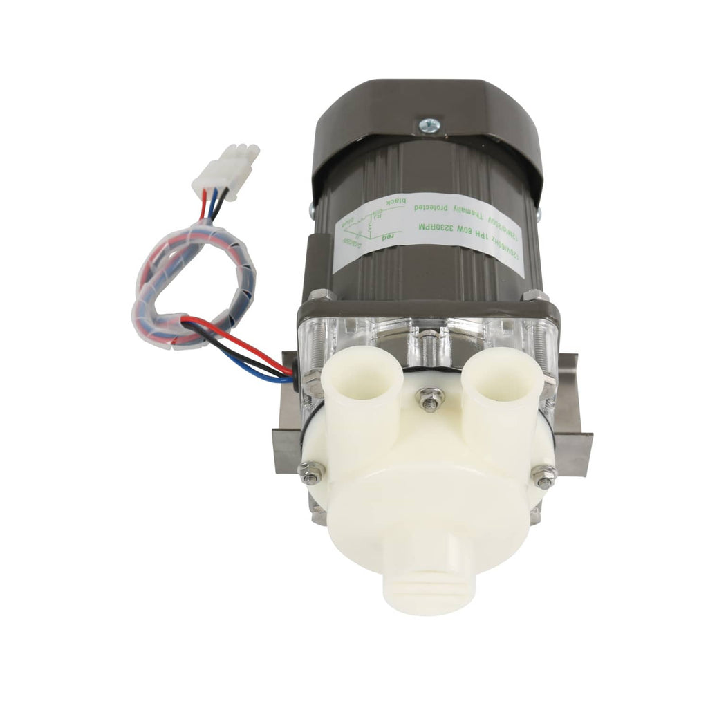 Ice machine water pump motor assembly front view with two white outlet ports and wires