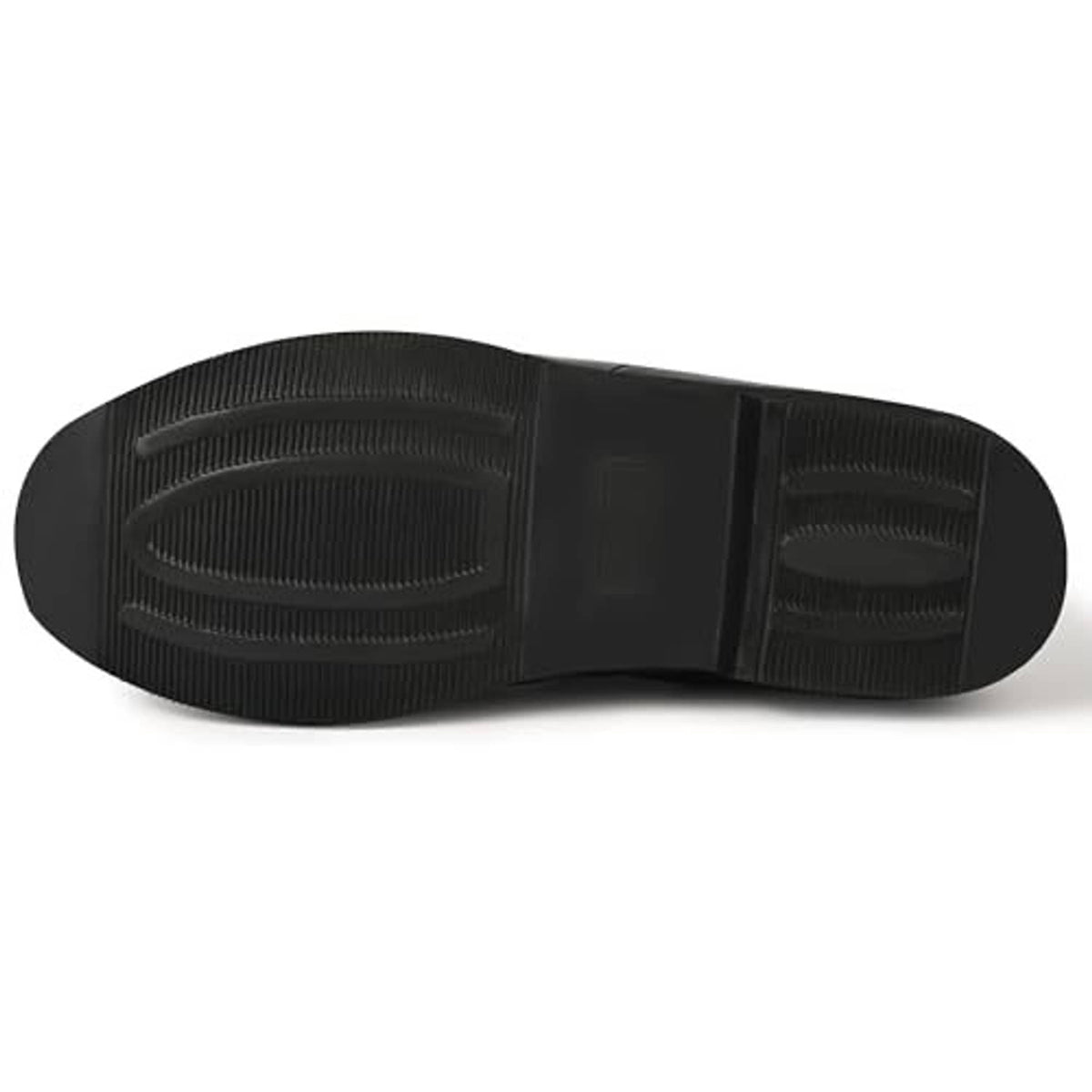 Black rubber outsole with textured tread for grip on slip-on slippers