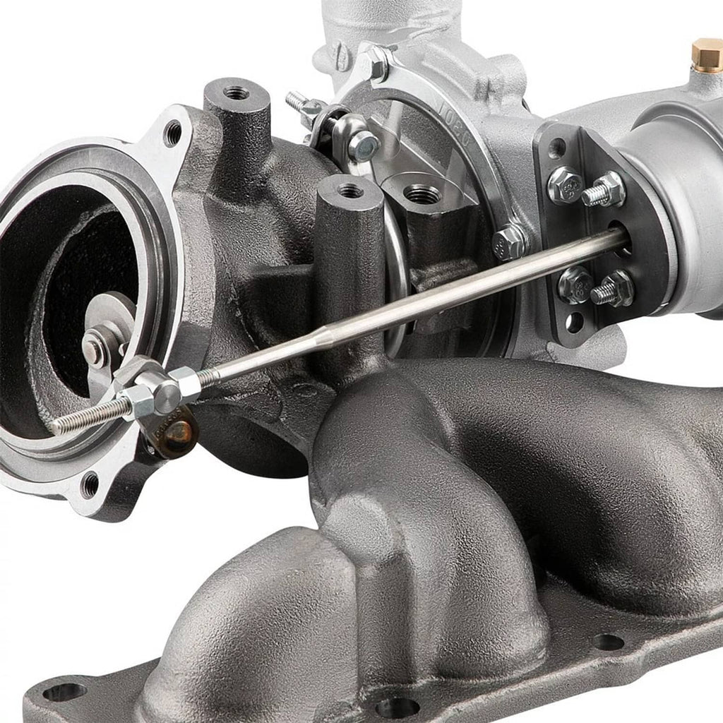 Turbocharger with black intake manifold and silver compressor housing, side view