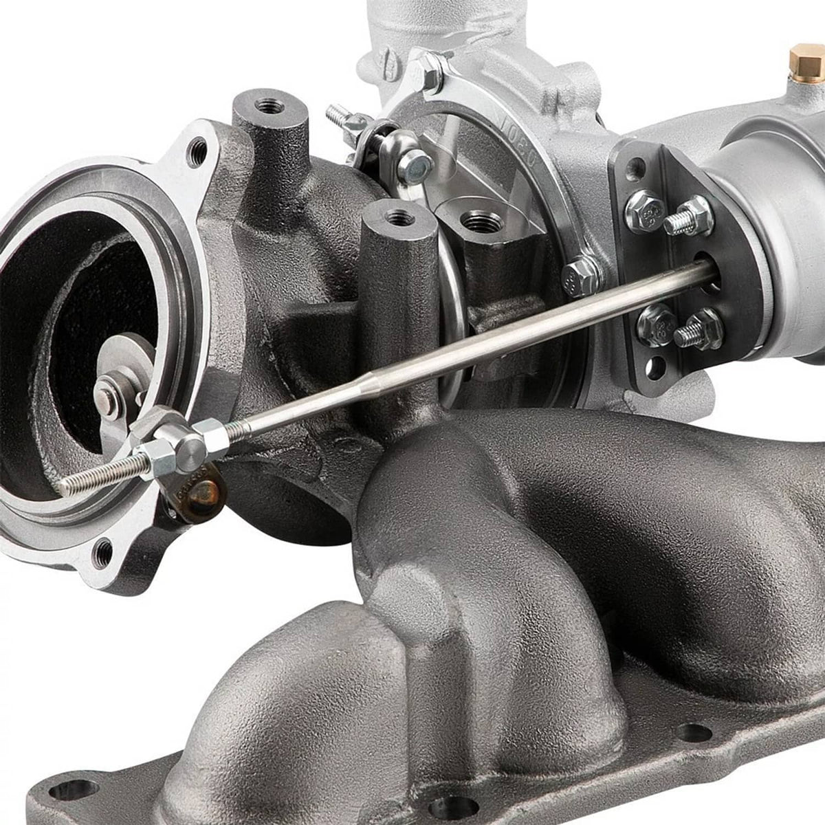 Turbocharger with black intake manifold and silver compressor housing, side view
