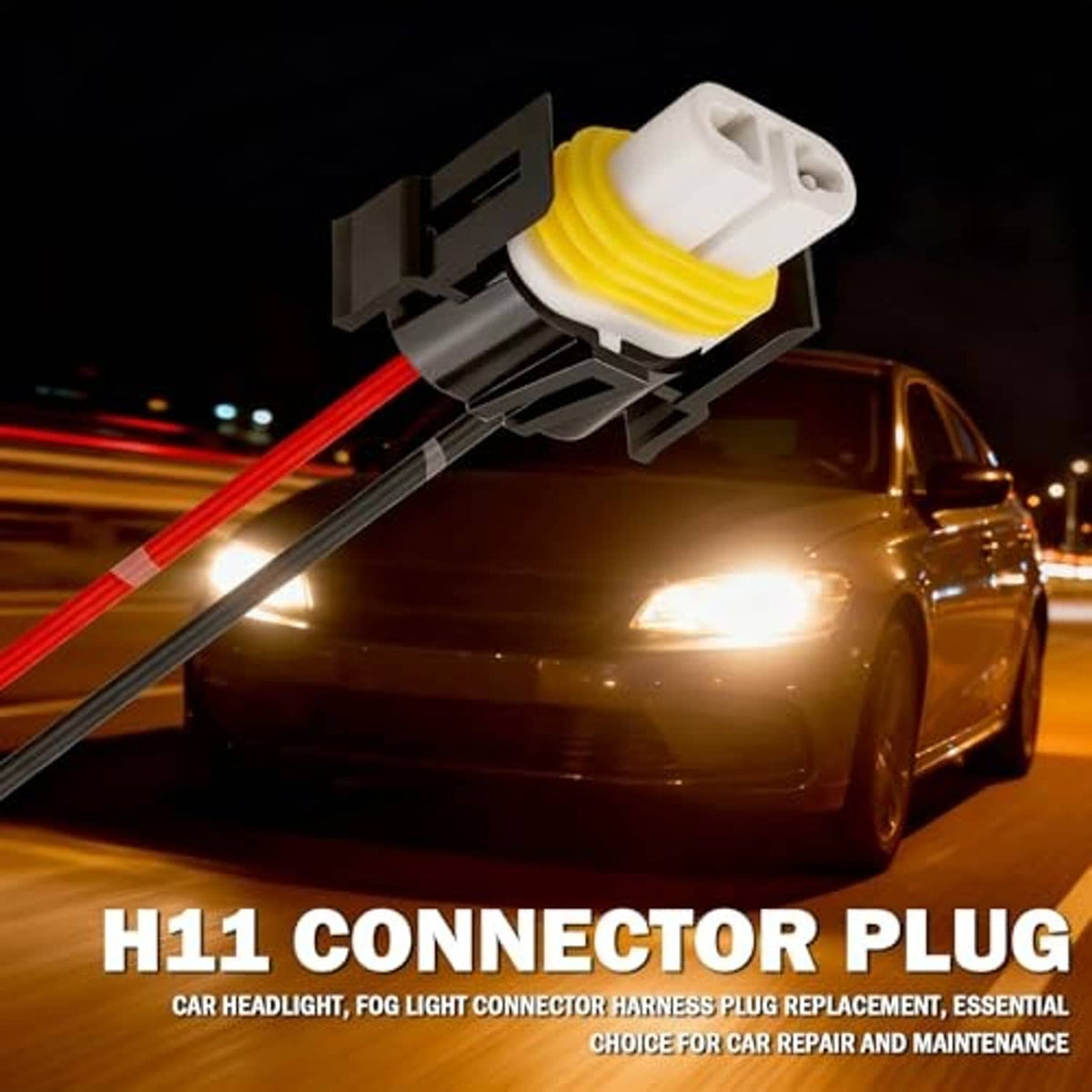 H11 connector plug with red and black leads, yellow ribbed sleeve, white socket housing