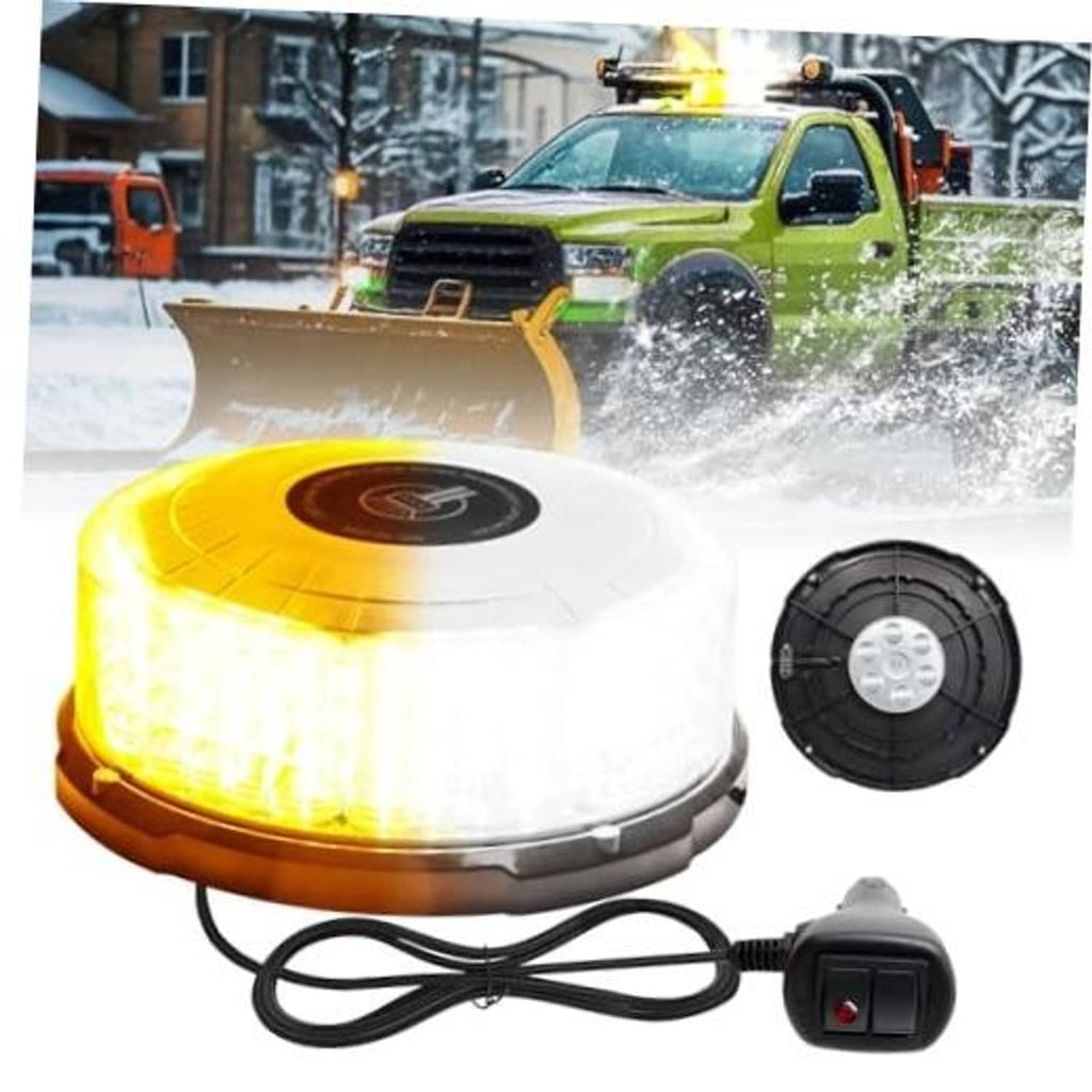 Magnetic LED strobe beacon light with glowing amber dome and black control switch