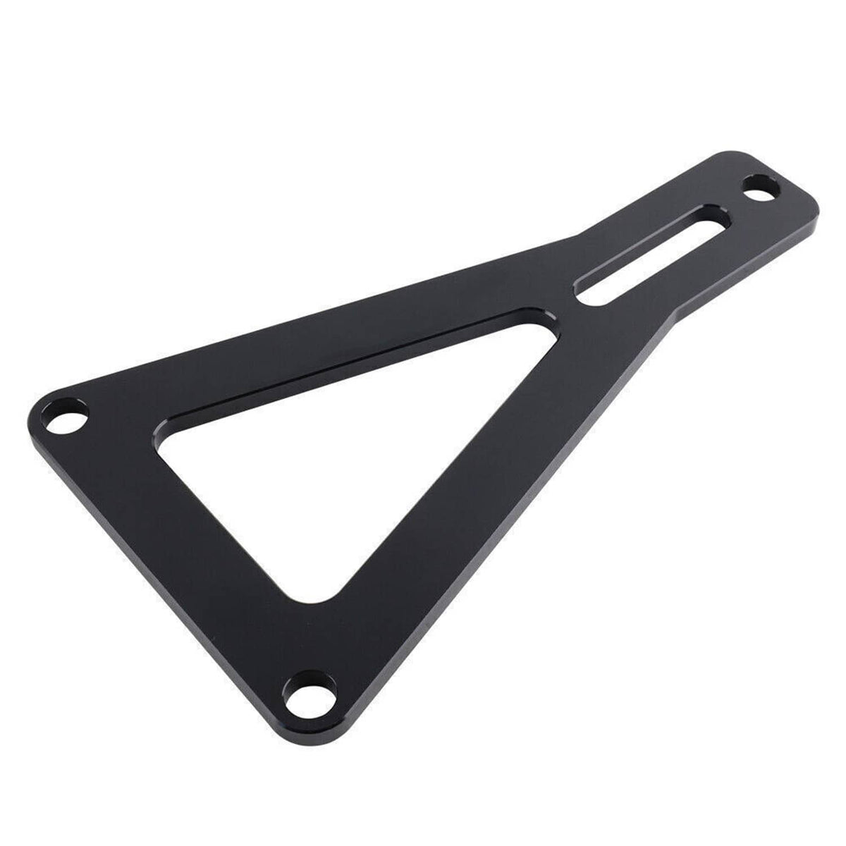 Black aluminum battery hold-down mounting tray with cutout handle and bolt holes