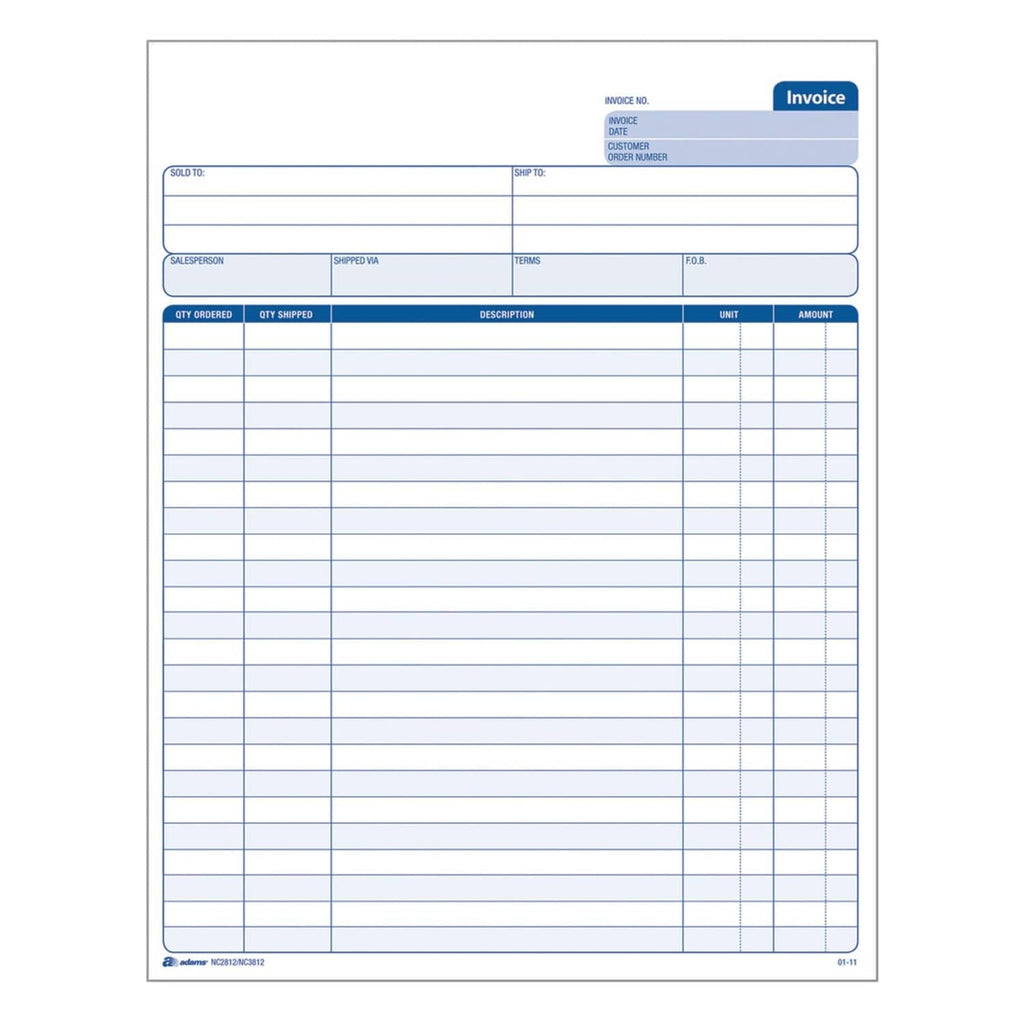 Two-part carbonless invoice form page with blue lines and “Invoice” header