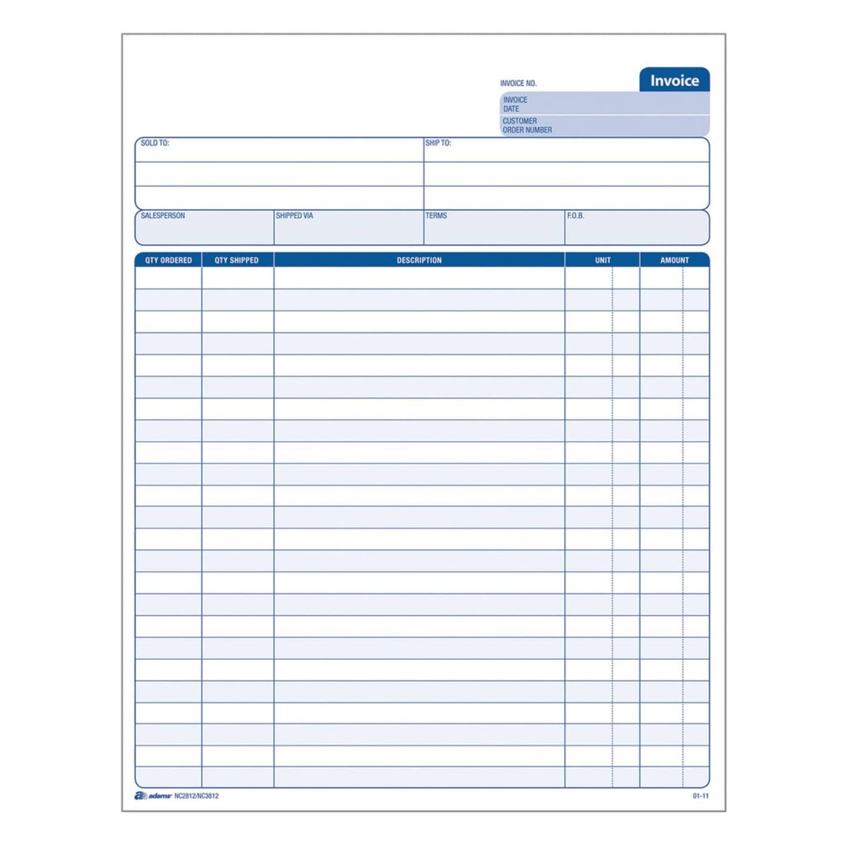 Two-part carbonless invoice form page with blue lines and “Invoice” header