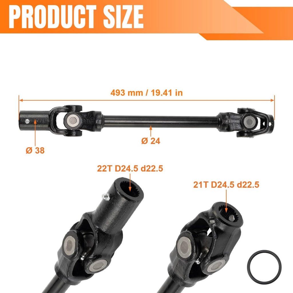 Rear prop shaft with U-joint yokes, black shaft, and included O-ring