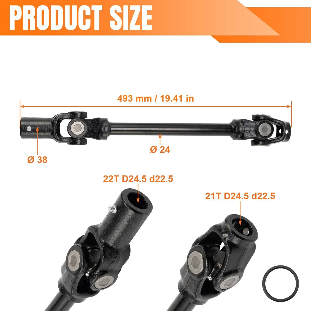 Rear prop shaft with U-joint yokes, black shaft, and included O-ring