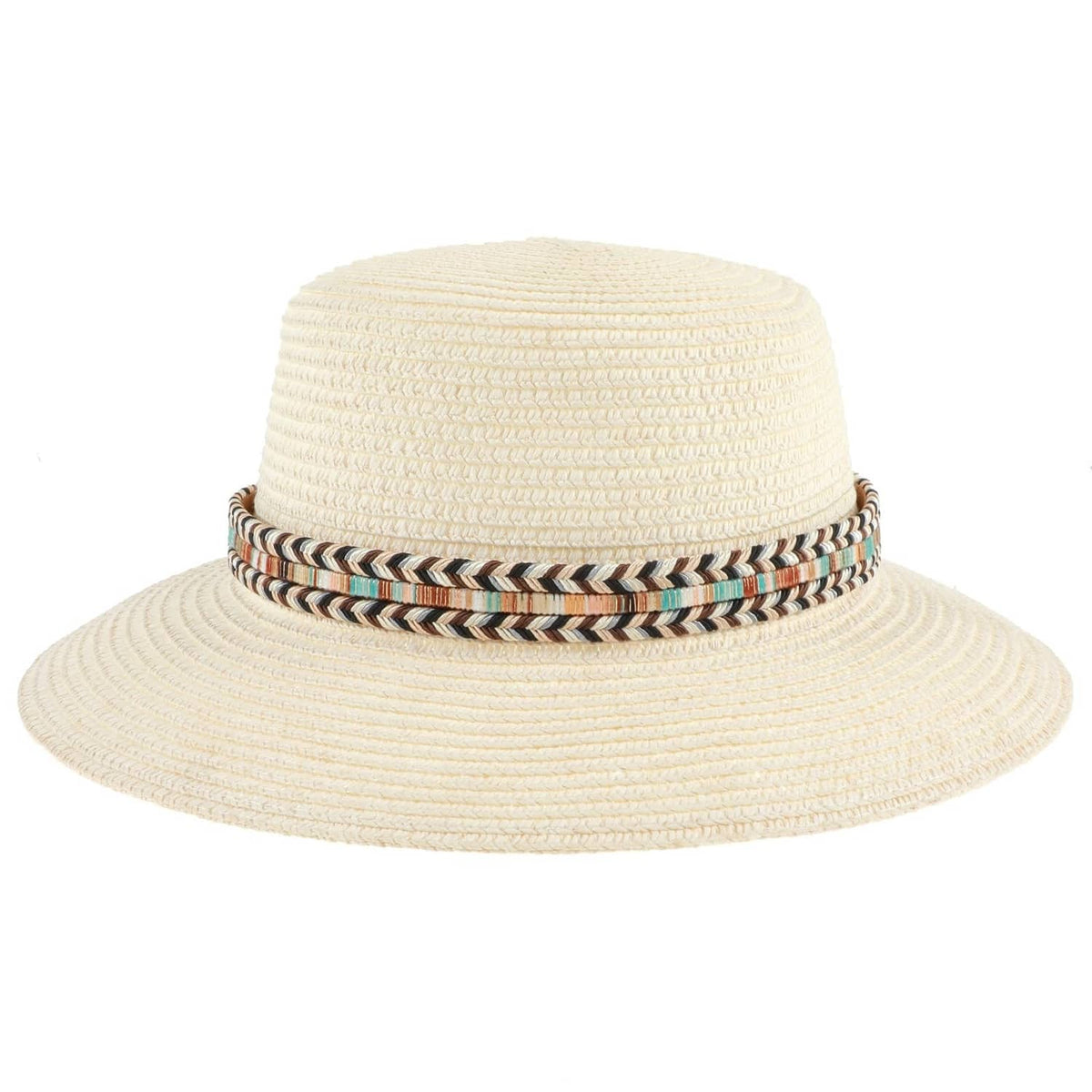 Cream straw hat with matching braided hat band in black, white, and teal stripes