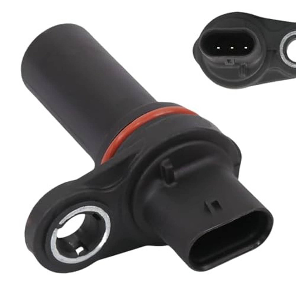 Crankshaft position sensor with black housing, red sealing ring, and 3-pin connector end