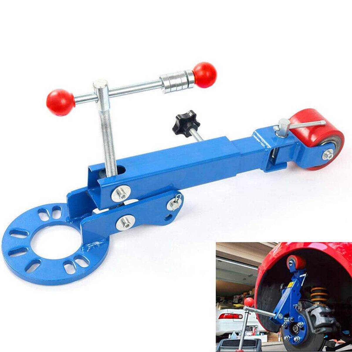 Wheel arch roller flaring tool with blue base, red knobs, metal threaded rod, roller head