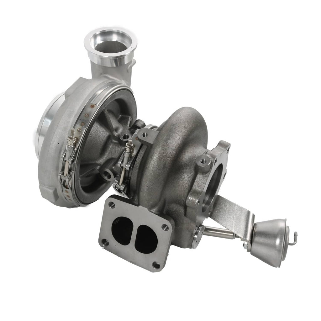 Turbocharger with compressor wheel visible through inlet housing and outlet flange