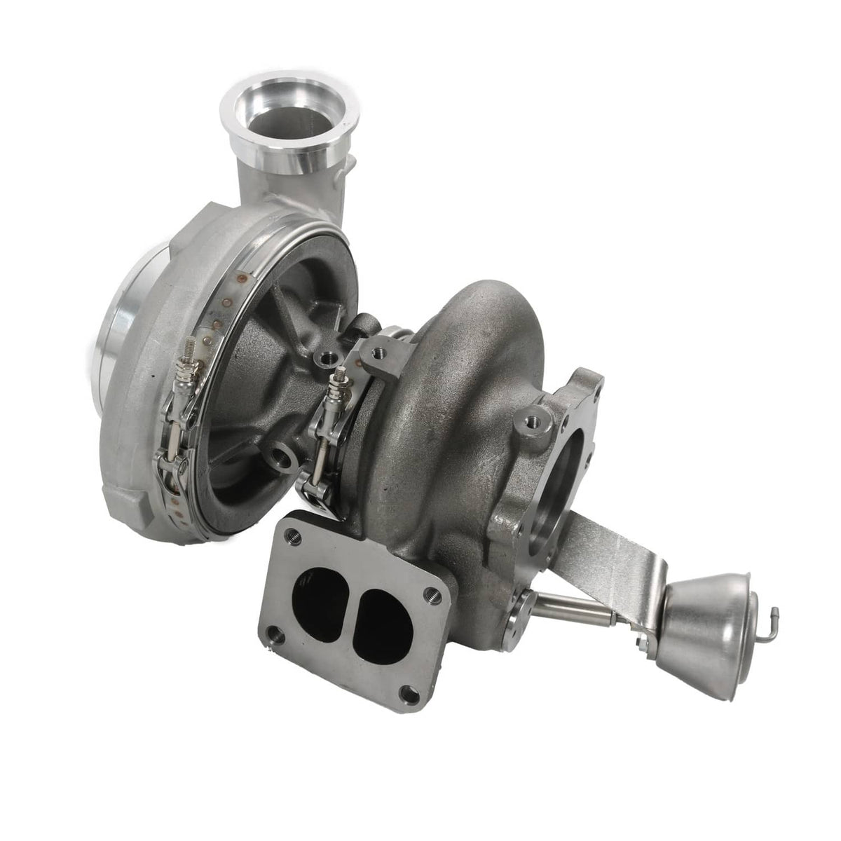 Turbocharger with compressor wheel visible through inlet housing and outlet flange