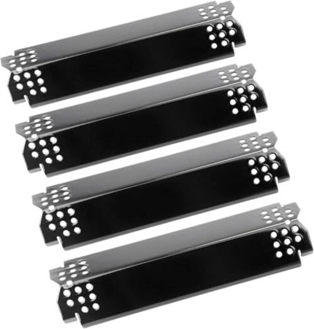 Four porcelain steel grill heat plates with perforated holes and mounting tabs