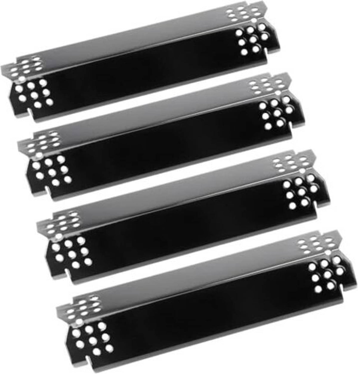 Four porcelain steel grill heat plates with perforated holes and mounting tabs