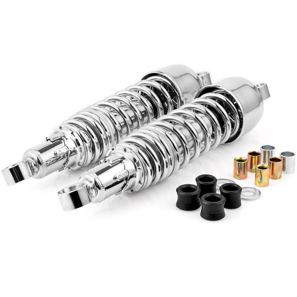 Chrome rear shock absorbers with coiled springs, eyelet ends, and installation hardware.