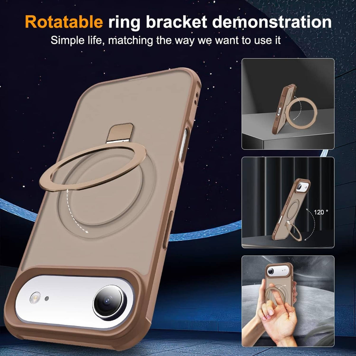 Desert brown phone case with built-in ring bracket for hands-free viewing