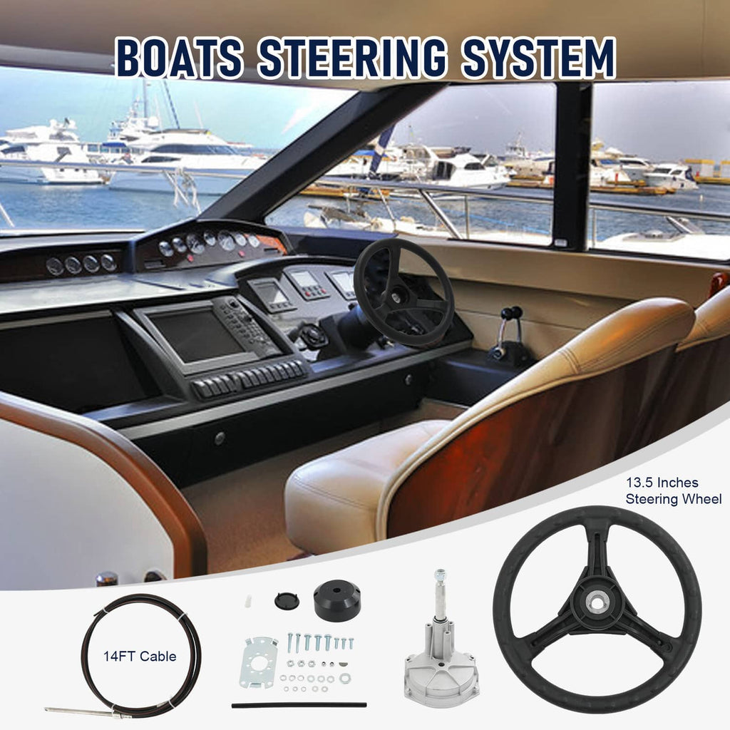 Marine steering setup with helm wheel, control panel, and included steering components