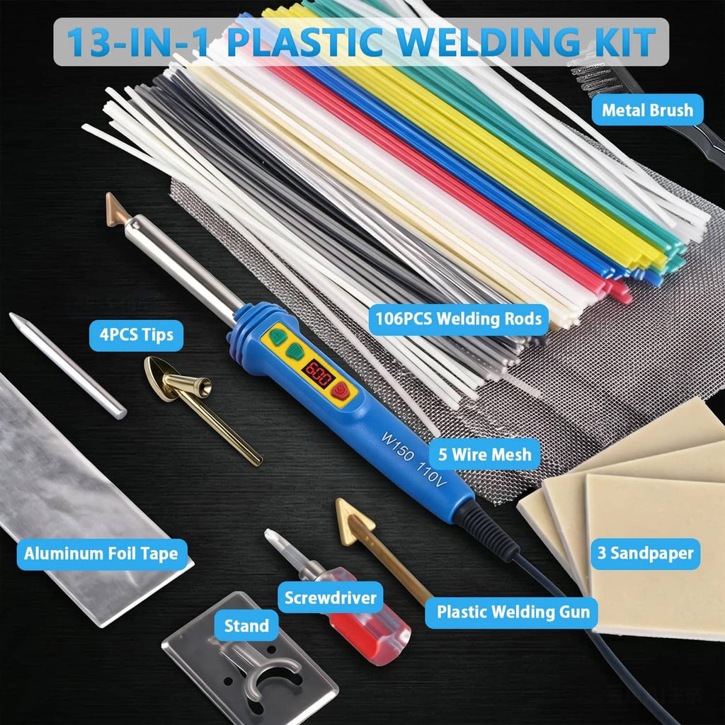 13-in-1 plastic welding kit with welder, assorted rods, wire mesh, and accessories