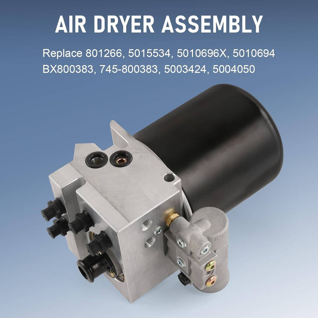 12V air dryer assembly with black canister and silver metal mounting plate