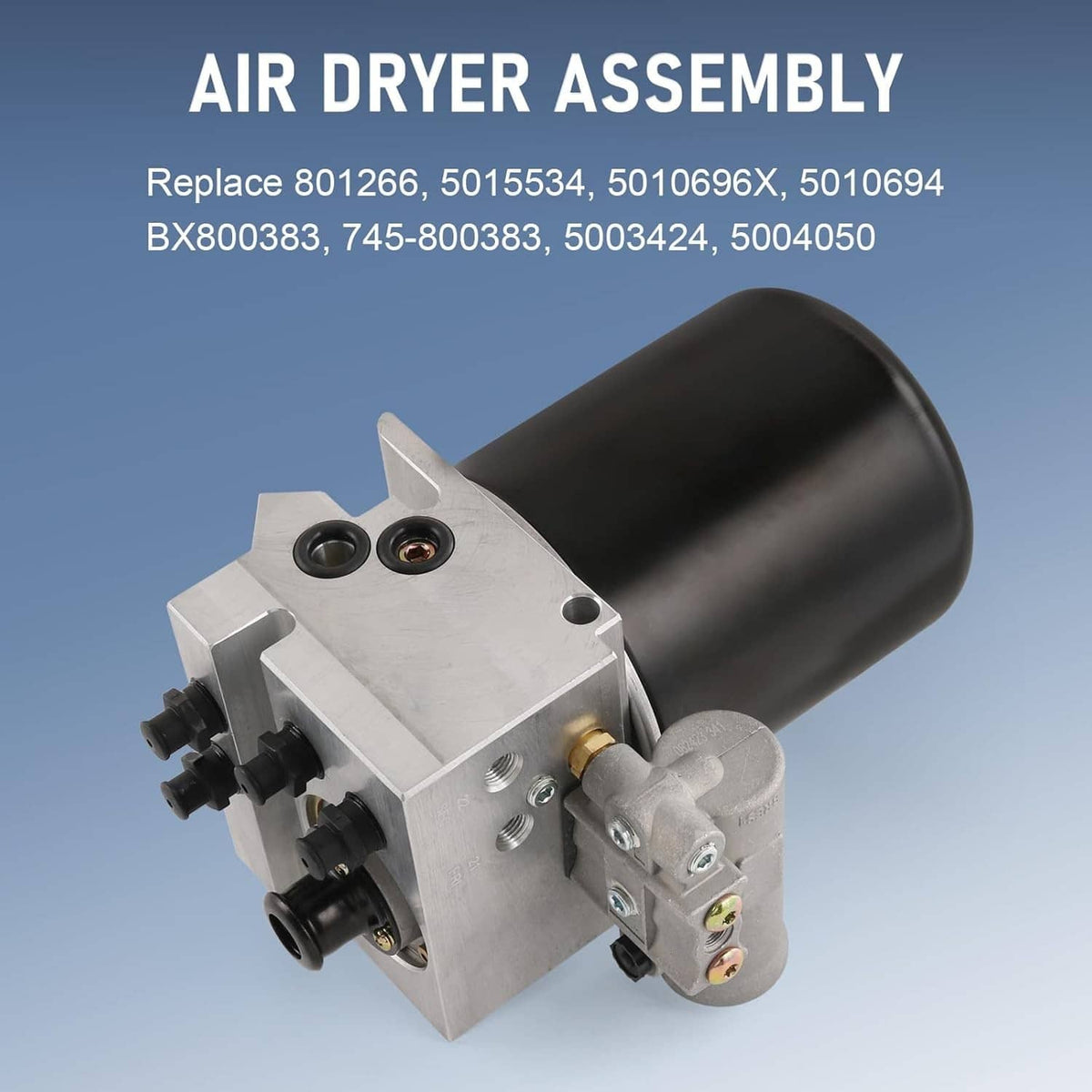 12V air dryer assembly with black canister and silver metal mounting plate