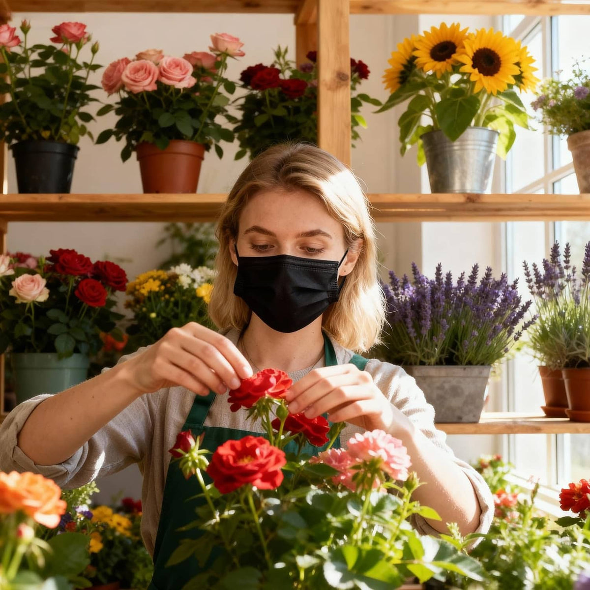 3-ply black disposable face mask worn by woman next to flowers