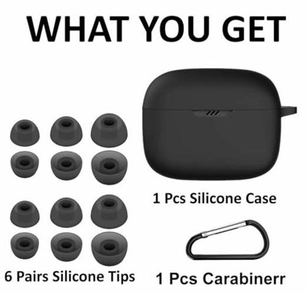 Silicone earbud case kit with ear tips and carabiner, items laid out