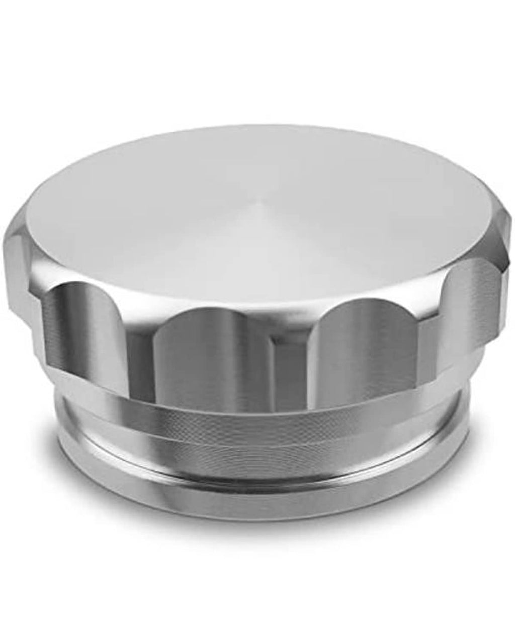 Silver fuel filler cap with scalloped outer ring and smooth circular top opening