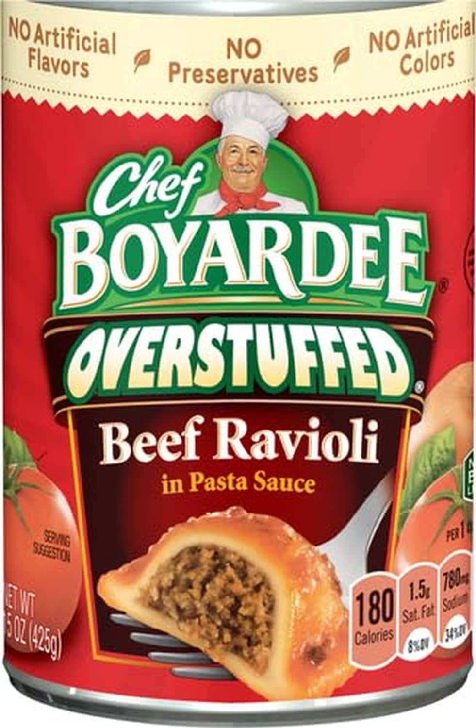 Chef Boyardee Overstuffed Beef Ravioli can front with ravioli in pasta sauce