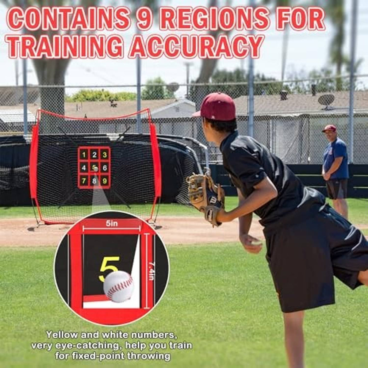 Pitching target for accuracy with nine numbered regions and a baseball close-up