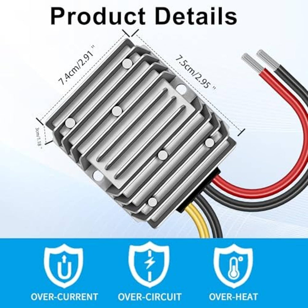 DC/DC converter heatsink detail with dimensions and protective circuit icons