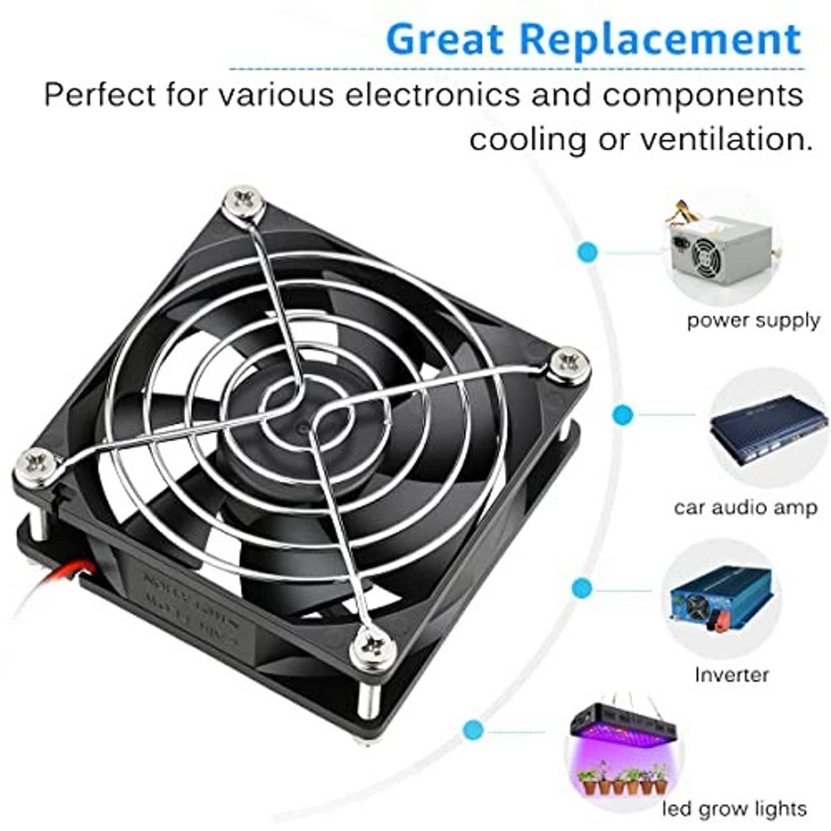 80mm DC dual ball bearing cooling fan with metal grill and red and black power leads