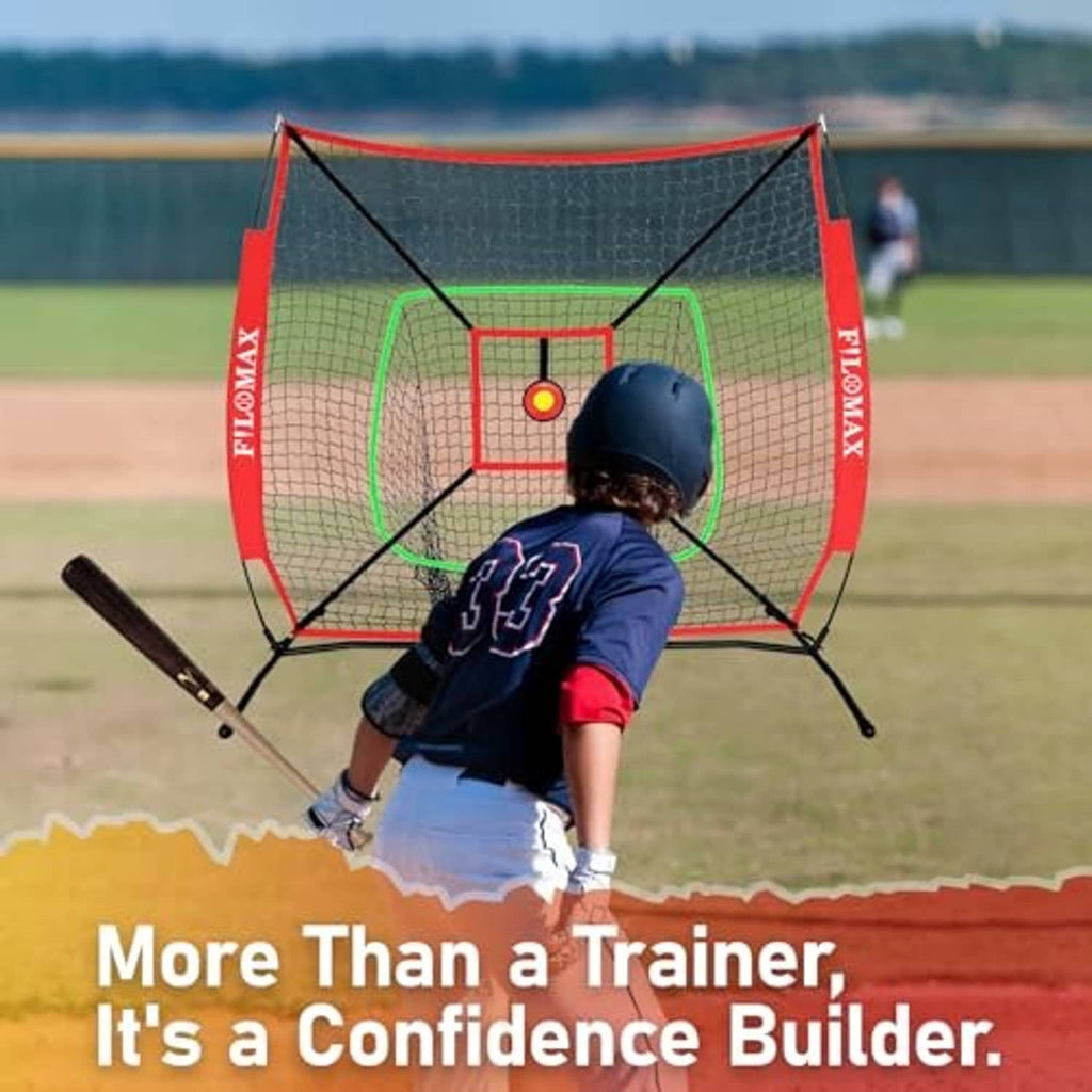 Youth uses baseball/softball practice net with red strike-zone target on a field