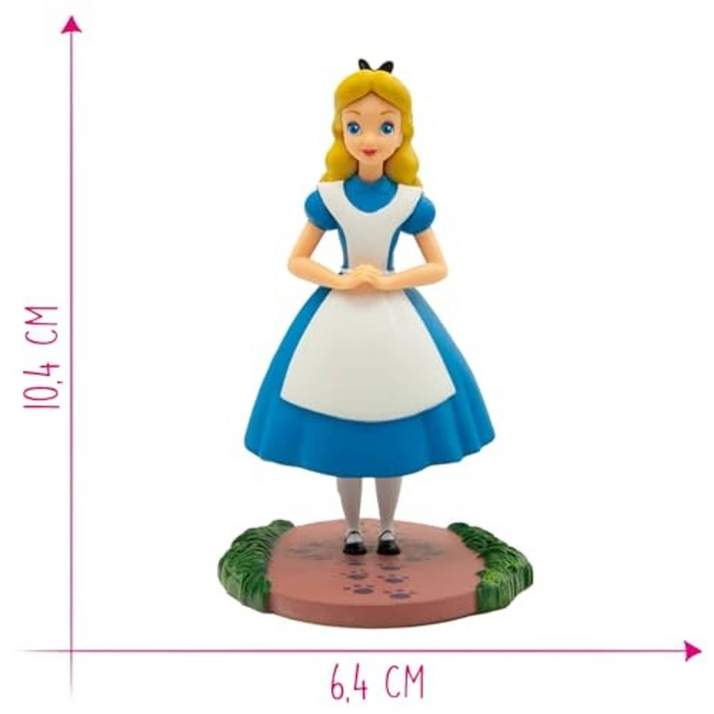 Bullyland Alice cake topper figure, blue dress and white apron, standing on round display base
