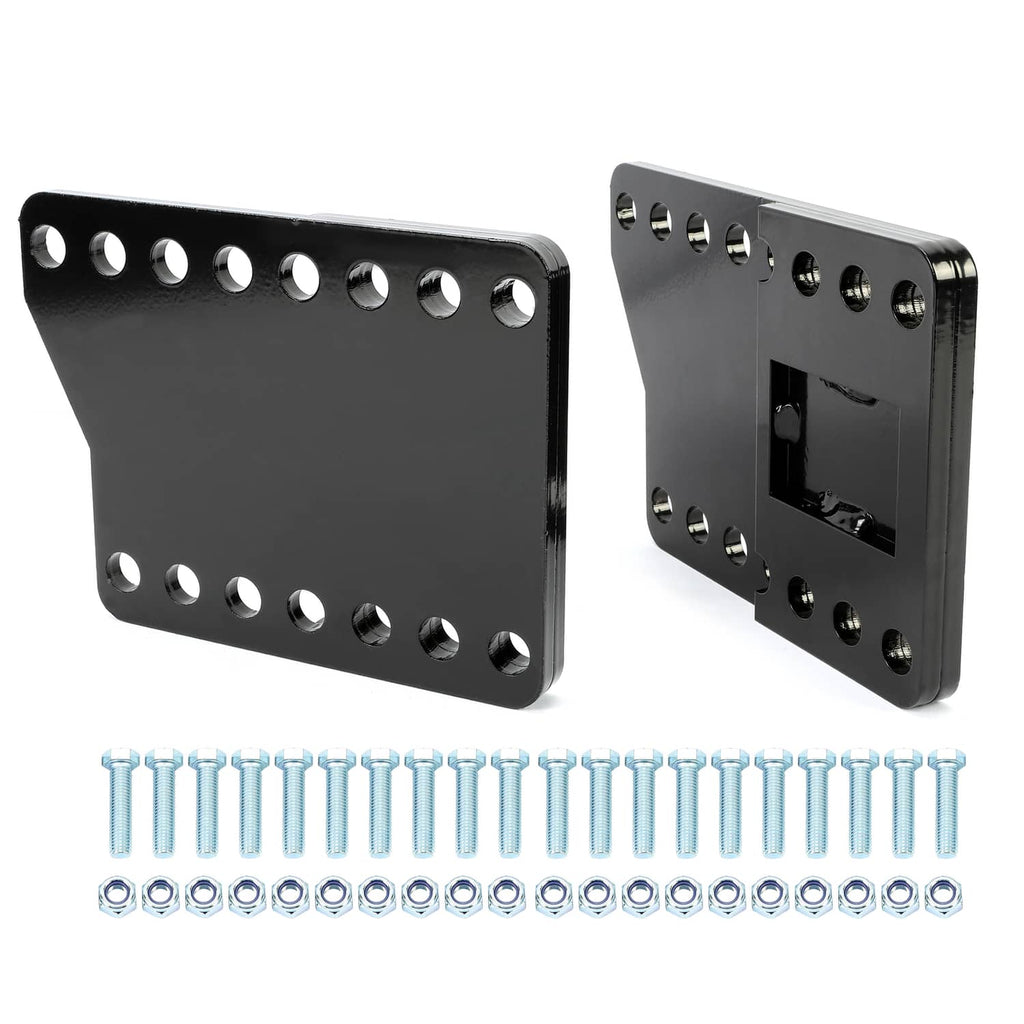 Black steel snowplow lift mount brackets with silver screws and nuts