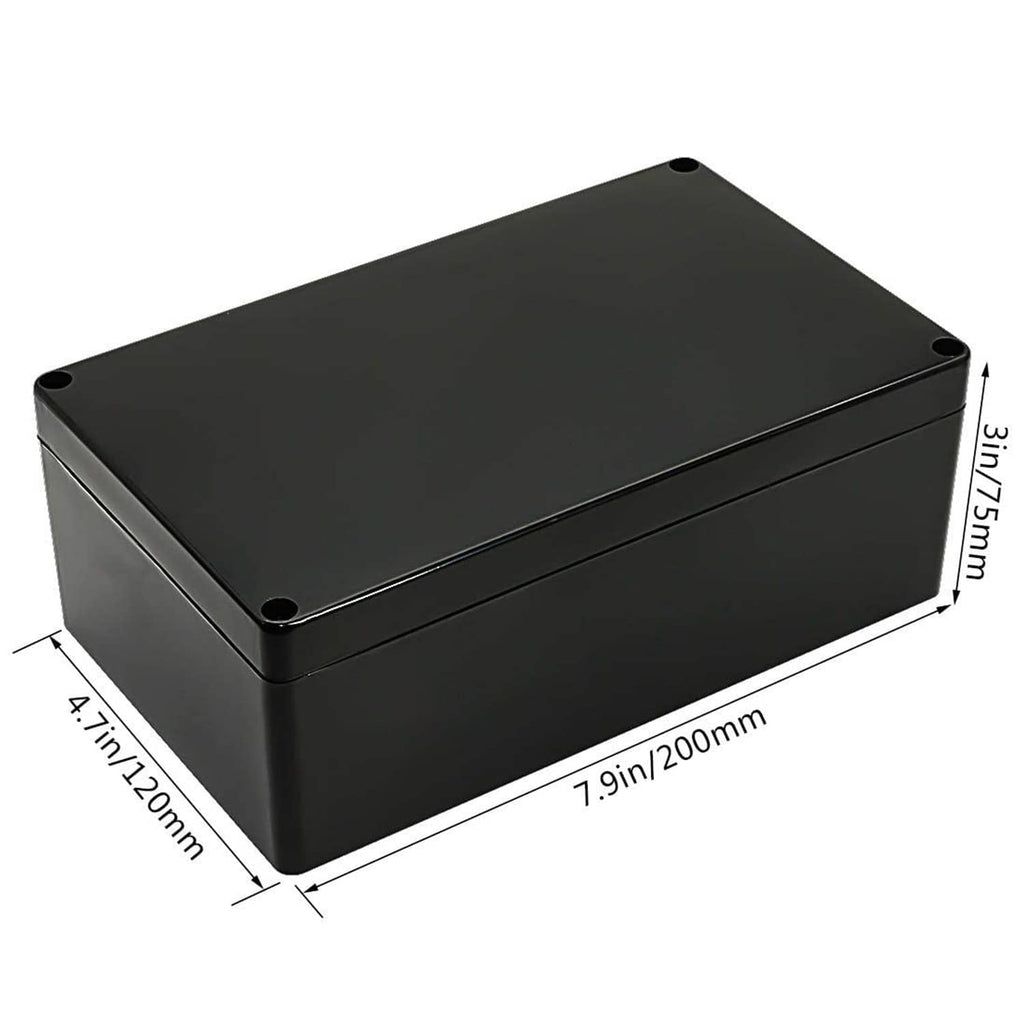 Black ABS project enclosure box with size marking 200 x 120 x 75mm