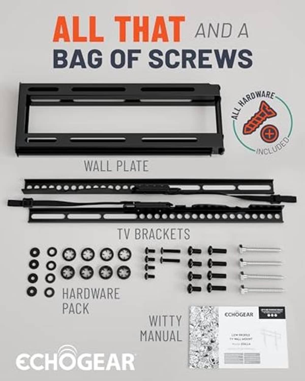 Fixed TV wall mount kit with black wall plate, TV brackets, and hardware pack